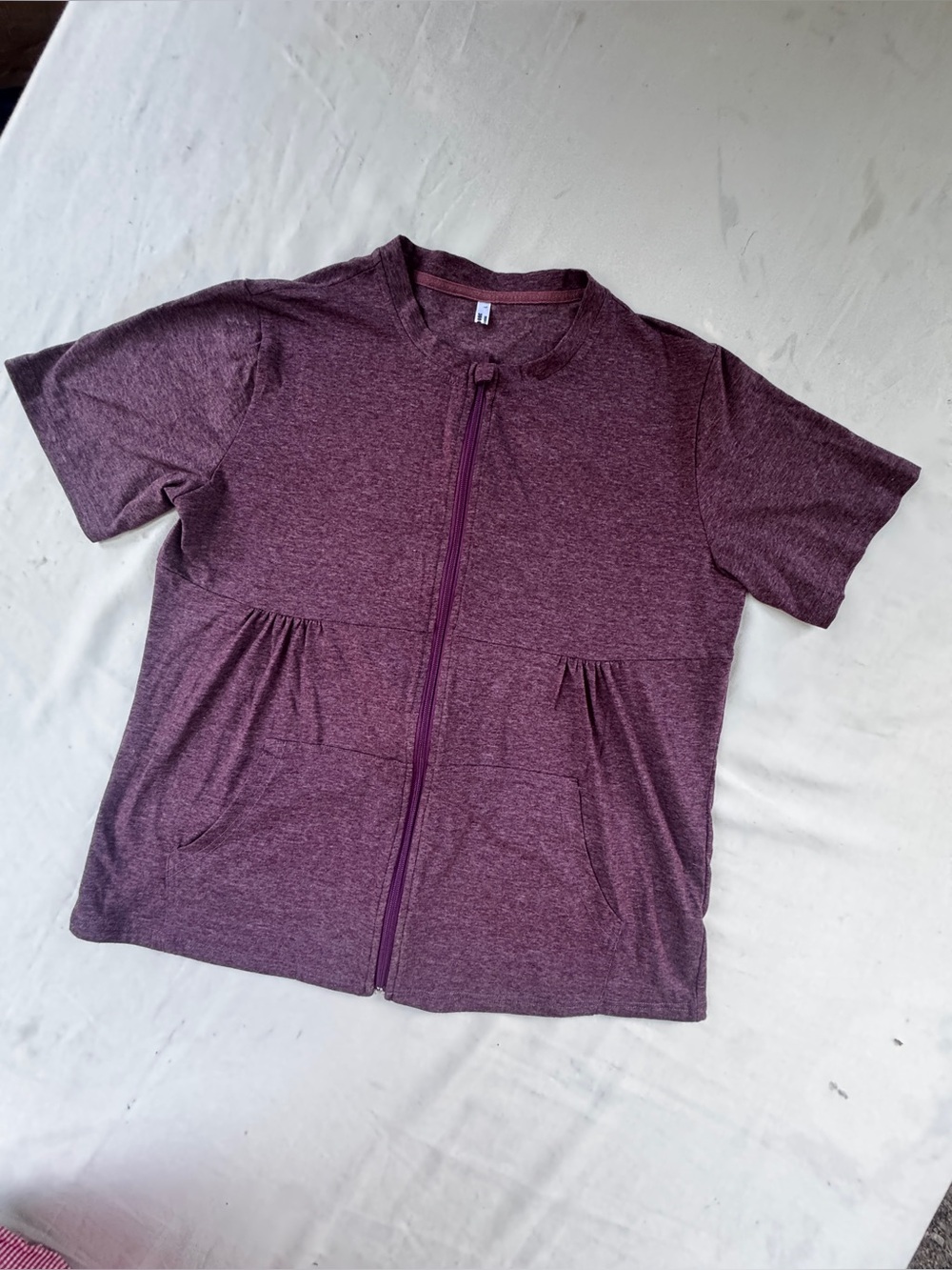 purple heather short-sleeve front-zip recovery shirt womens size L